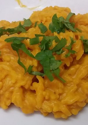 A picture of Yellow risotto with pumpkin mousse, the rice of witch.
