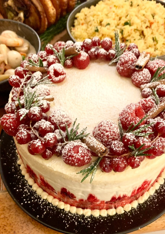 A picture of Almond Cake with Raspberry and Red Currant Filling.
