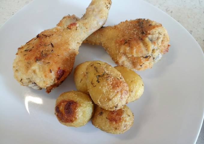 Steps to Make Any-night-of-the-week Thyme and Parmesan crusted chicken and new potatoes