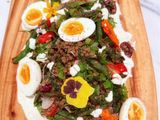 Kinda Nicoise with Fried Green Beans, Roasted Kale, Lentils, Boiled Eggs and Caper Mayo