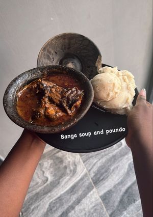 A picture of Banga Soup with Pounded Yam.