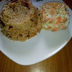 Noodles with dry fish and Coleslaw A picture of Noodles with dry fish and Coleslaw.