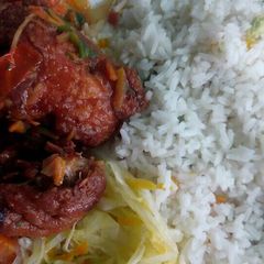 A picture of Stewed chicken with rice and veggies.