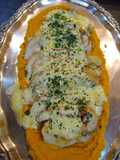 Arrollado de pollo con base de zanahoria y Boniato