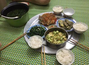 Hình của món Cá sốt cà + canh rau ngót nấu + rau mùng tơi xào + trứng tráng lá lốt + cà muối sổi.