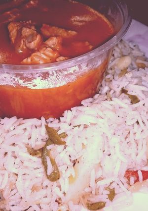 A picture of Fried Rice with shashlik.