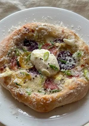 A picture of Burrata Vegetable Pizza.