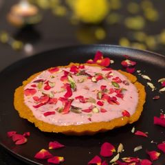 Rose Shrikhand in motichur tart A picture of Rose Shrikhand in motichur tart.