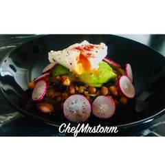 A picture of Mixed Beans + Chickpea and Veg Medley with Avocado and Paprika Poached Egg-(Cupboard Raid Dinner).