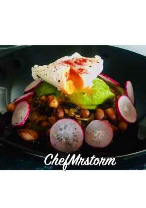 A picture of Mixed Beans + Chickpea and Veg Medley with Avocado and Paprika Poached Egg-(Cupboard Raid Dinner).