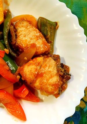 A picture of Sweet and Sour Fried Grouper with Colorful Peppers.