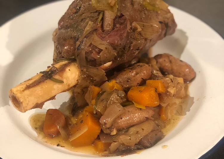 Recipe of Quick Slow cooked venison shank with chipolatas