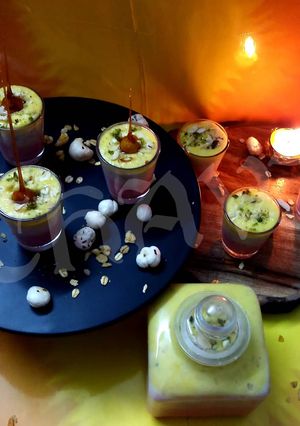 A picture of Makhana and oats tri colour pudding.