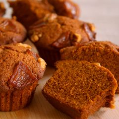 A picture of Caramel Muffins, Top with caramel apple and walnuts.