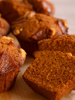 A picture of Caramel Muffins, Top with caramel apple and walnuts.