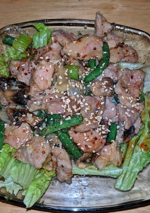 A picture of Garlic Pork Salad/Rice Bowl.