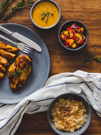 Easy Steps to Prepare Recipe Honey &amp; Mustard marinated Chicken with Sautéed Onion Rice, Mango Salsa and a honey &amp; mustard sauce that is Awesome, Delicious}