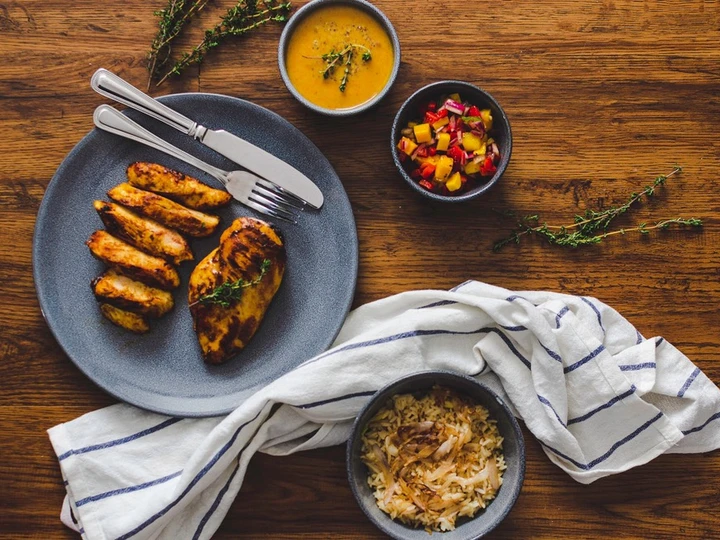 Easy Steps to Prepare Recipe Honey &amp;amp; Mustard marinated Chicken with Sautéed Onion Rice, Mango Salsa and a honey &amp;amp; mustard sauce that is Awesome, Delicious}