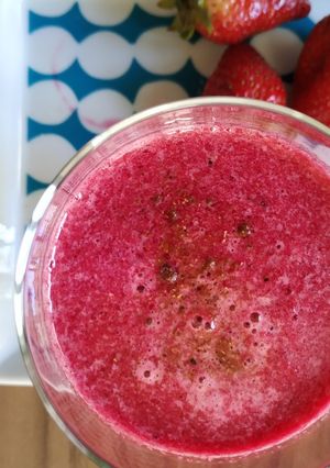 A picture of Beetroot, carrot, strawberries and grapes smoothie.