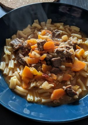 A picture of Beef goulash with pasta.