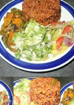 A picture of Red Kidney Beans Meshed with Vegetable Salad And Carrot Sauce.