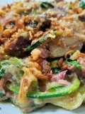 Spaghetti de calabacín con pato, foie y castañas