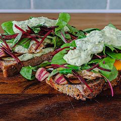 A picture of Organic vegetarian peasants “Bacon” sandwiches.