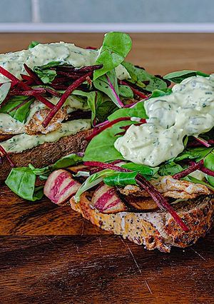 A picture of Organic vegetarian peasants “Bacon” sandwiches.
