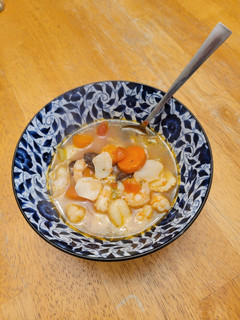 A picture of Shrimp and White Fish Soup with Gnocchi.