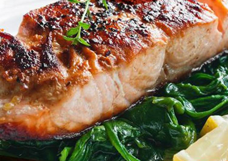 Easiest Way to Make Super Quick Homemade Salmon with thyme on bed of spinach