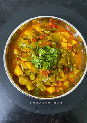 A picture of Green flat beans mix subzi Gujarati style.