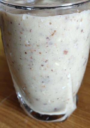 A picture of Power pack banana shake with dry fruit.