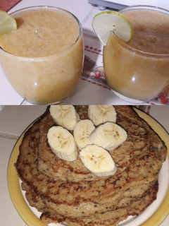 Una foto de Batido de manzana y naranja 🍹/ Pancakes de manzana y chía 🥞