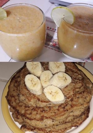 Una foto de Batido de manzana y naranja 🍹/ Pancakes de manzana y chía 🥞