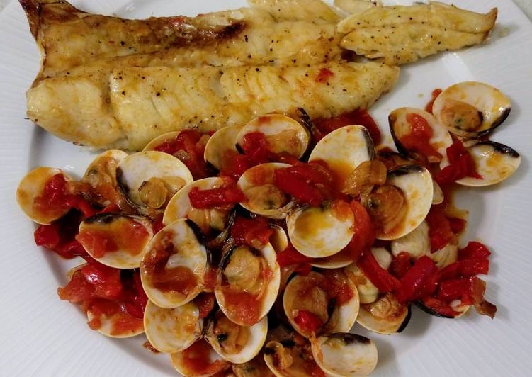Merluza a la plancha y almejas a la marinera