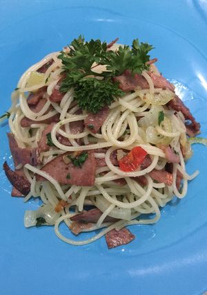 Foto resep Smoke Beef spaghetti Aglio Olio