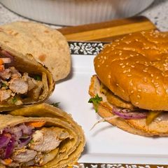 A picture of Doner wrap and burger.