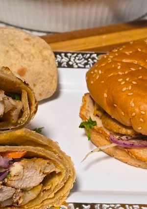 A picture of Doner wrap and burger.