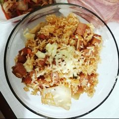 A picture of K's Kimchi Fried Rice with Spam.