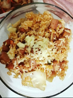 A picture of K's Kimchi Fried Rice with Spam.