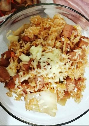 A picture of K's Kimchi Fried Rice with Spam.