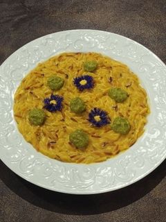 A picture of Risoni Risotto with Saffron Tofu and Romano Bean Cream.