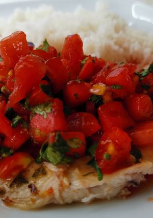 A picture of Fish with Spicy tomato watermelon salsa.