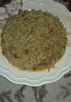 A picture of Noodles with crayfish.