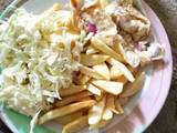 Potatoes chips cabbage and fry egg