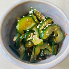 A picture of Korean style Cucumber pickles.