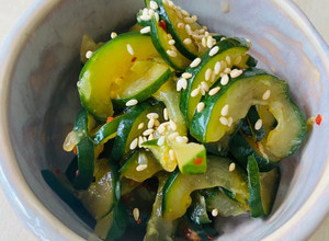 A picture of Korean style Cucumber pickles.