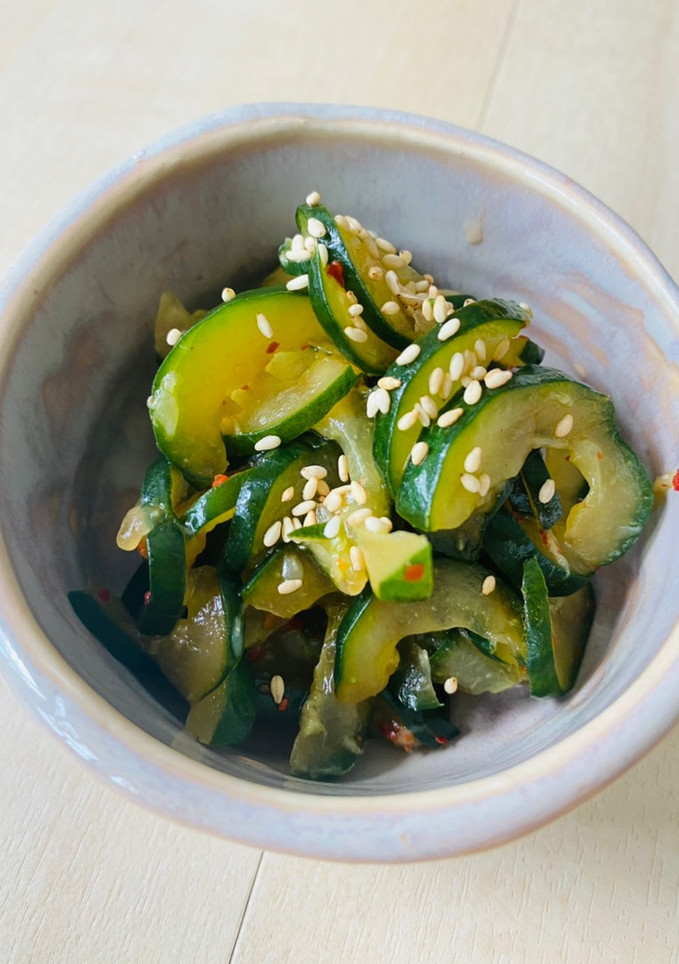 A picture of Korean style Cucumber pickles.