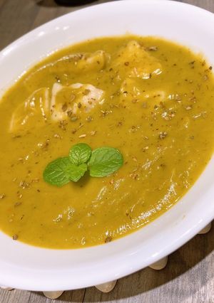 A picture of Coconut Milk Pumpkin Soup with Dumplings.