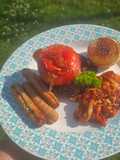Füstben sült bbq angol reggeli (English breakfast): sült paradicsom Onsen lágy tojás, sült bab,